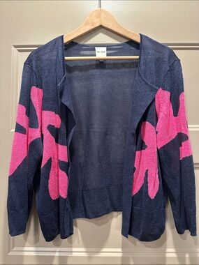NIC+ZOE Navy Open-Front Cardigan with Pink Floral Motif